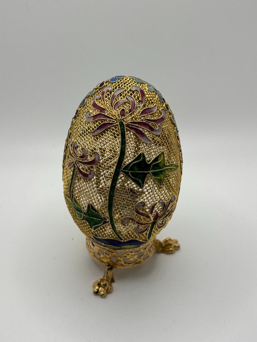Chinese Cloisonne Gold Mesh Filigree Enamel Egg w/ Stand Chrysanthemum Floral